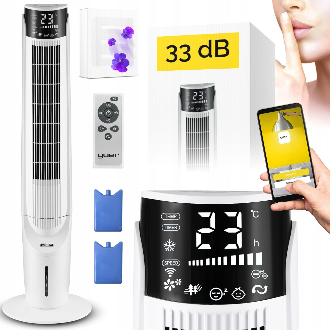 Klimator wodny przenośny Wentylator kolumnowy Cichy 33dB Yoer 6w1 ION AROMA(Klimator wodny przenośny Wentylator kolumnowy Cichy 33dB Yoer 6w1 ION AROMA)