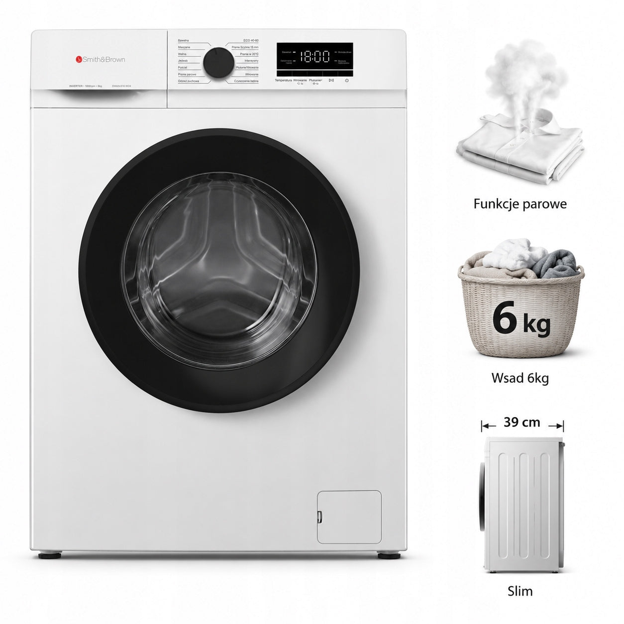 Pralka Slim SmithBrown SWAN-610-W24 6kg 1000 obr/min 74 dB 14 programów(1000/6 kg/Pralka Slim SmithBrown SWAN-610-W24 6kg 1000 obr/min 74 dB 14 programów)
