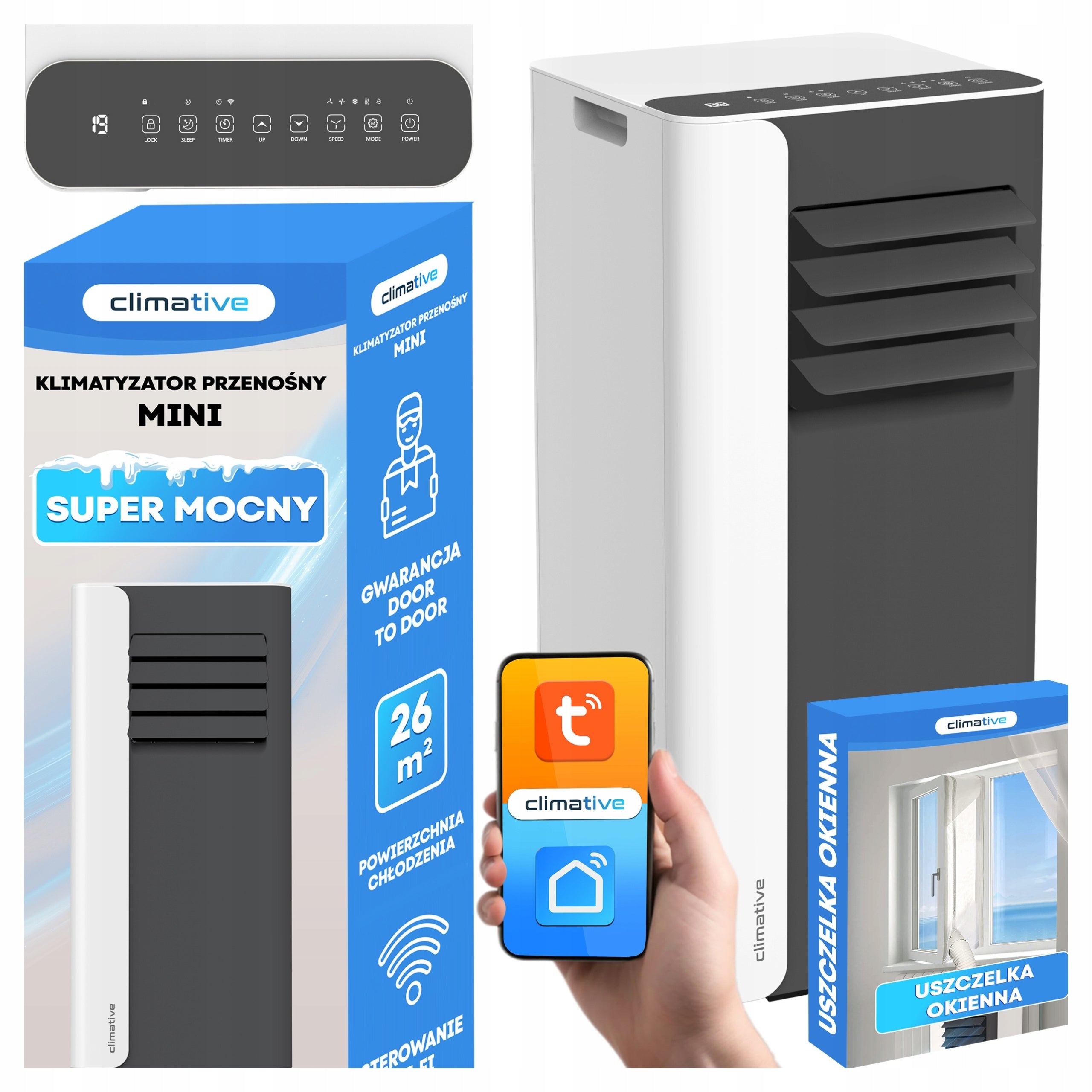 Klimatyzator przenośny pokojowy MINI 2,6 kW mały cichy WiFi 26 m2 uszczelka(2 600 W/Klimatyzator przenośny pokojowy MINI 2)